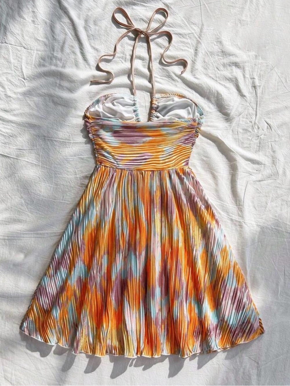 Striped Strapless Pleated Summer Dress in Orange Multi - Picture 2 of 4